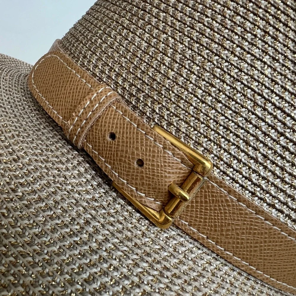 Eric Javits New York Squishee Straw Hat Gold Tan Wide Brim Buckle Packable